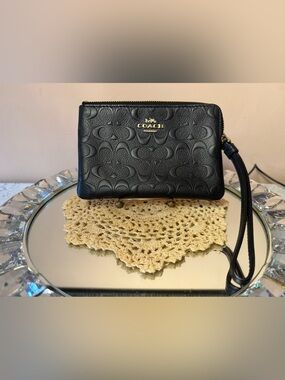 Coach Black Embossed Leather Wristlet with Gold Logo
